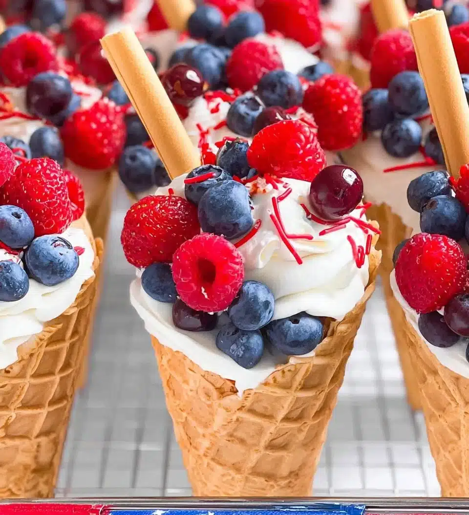 Colorful patriotic fruit cones with strawberries, blueberries, and whipped cream topping