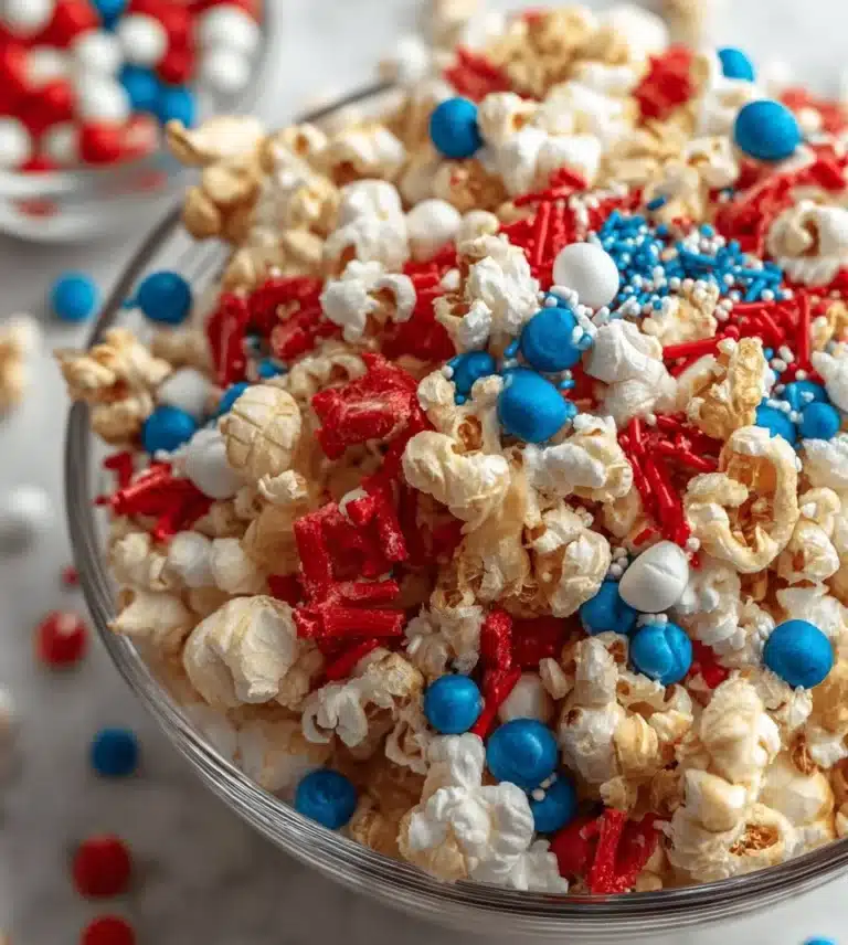 Colorful patriotic popcorn mix with red, white, and blue themes for celebrations