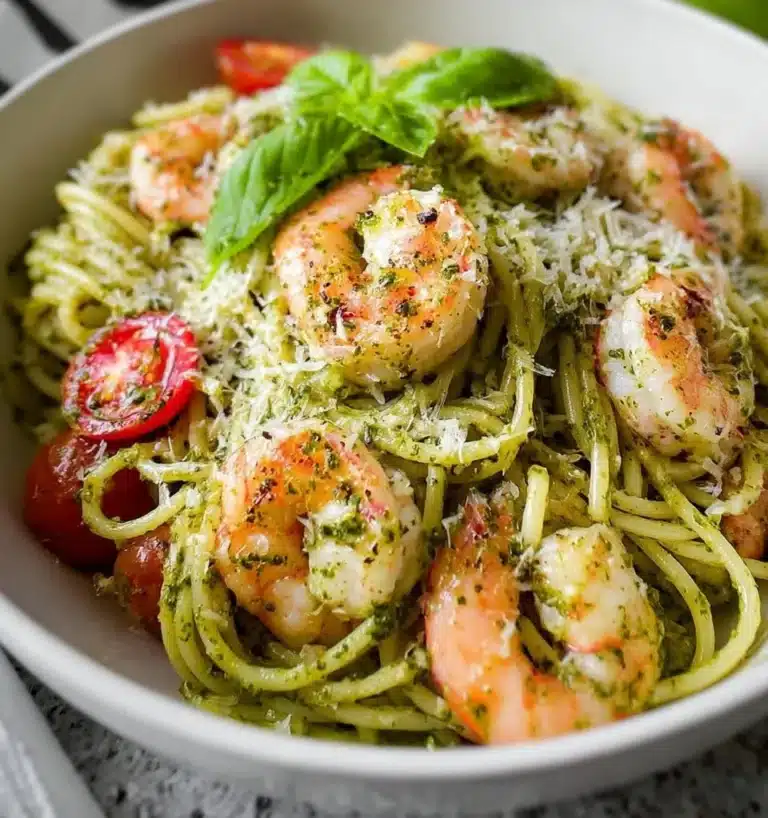 Delicious plate of Pesto Shrimp Pasta garnished with fresh basil and shrimp