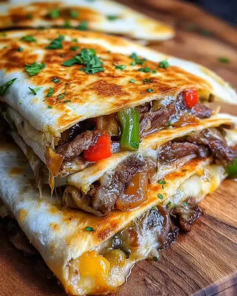 Philly Cheesesteak Quesadilla topped with melted cheese and jalapeños