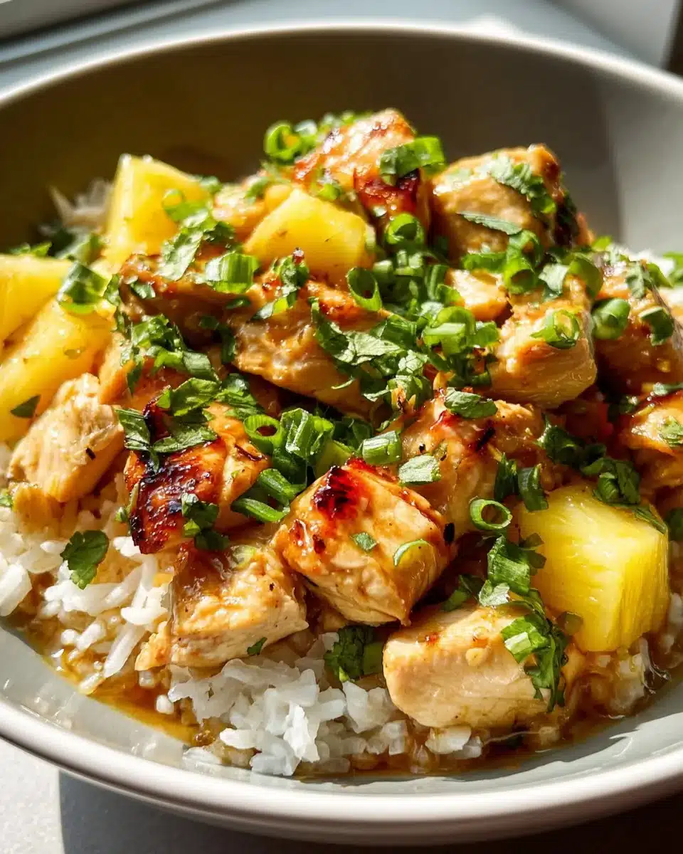 Delicious Pineapple Chicken Rice Bowl topped with fresh ingredients