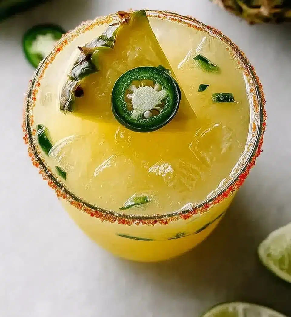 Pineapple Jalapeño Margarita in a glass garnished with lime and a jalapeño slice