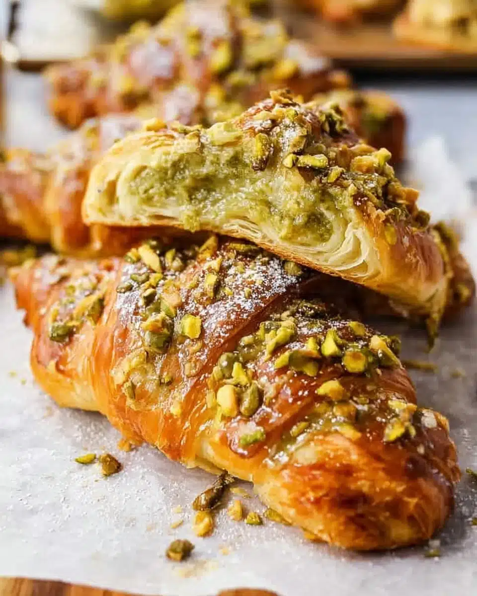 Freshly baked Pistachio Croissants on a rustic wooden table