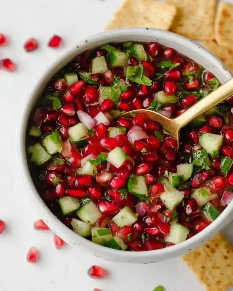 A colorful bowl of pomegranate salsa with fresh ingredients and vibrant colors.