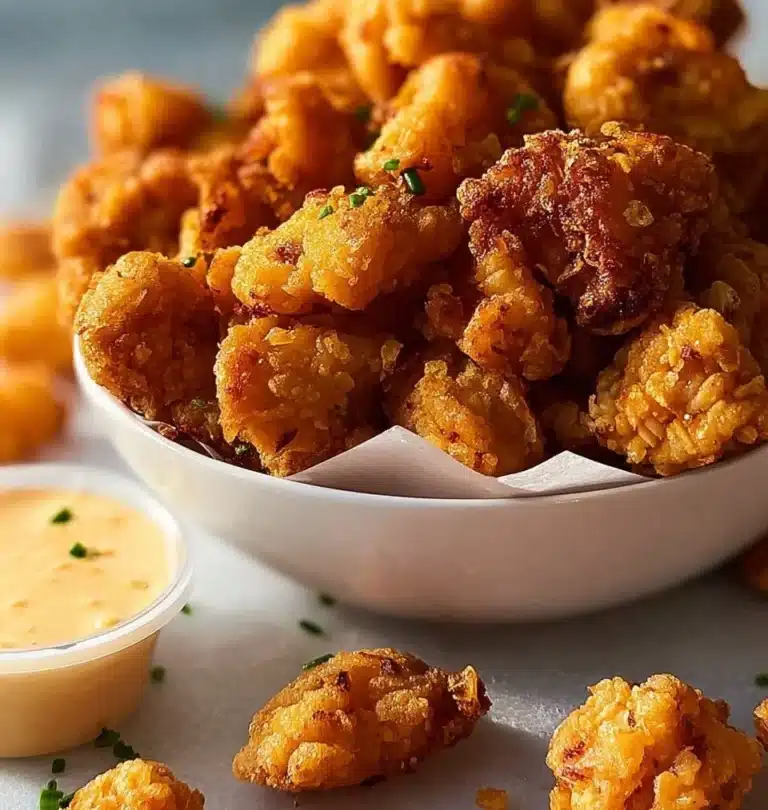 Plate of crispy popcorn chicken bites served with dipping sauce