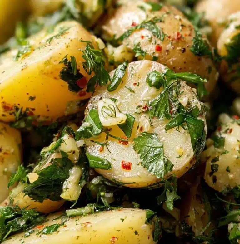 A bowl of creamy potato salad garnished with herbs and vegetables.