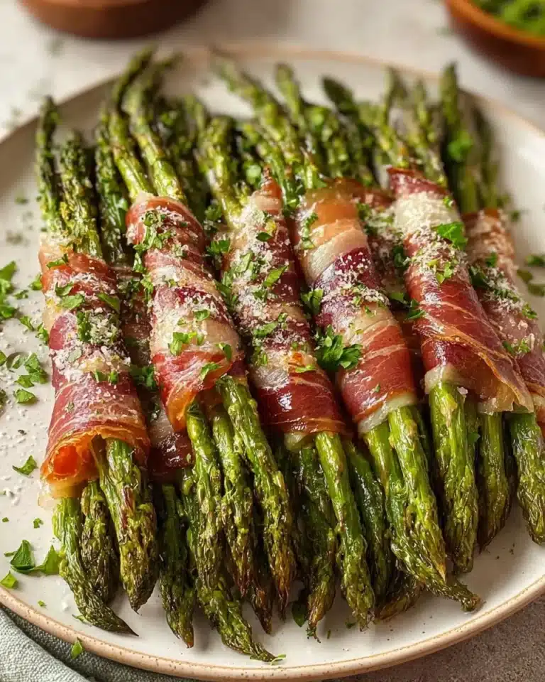 Delicious prosciutto wrapped asparagus appetizer on a serving platter.