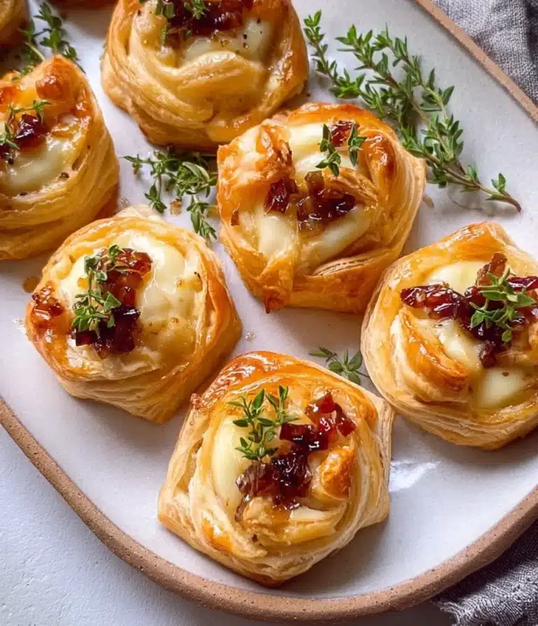 Puff Pastry Brie Bites served on a wooden platter with herbs