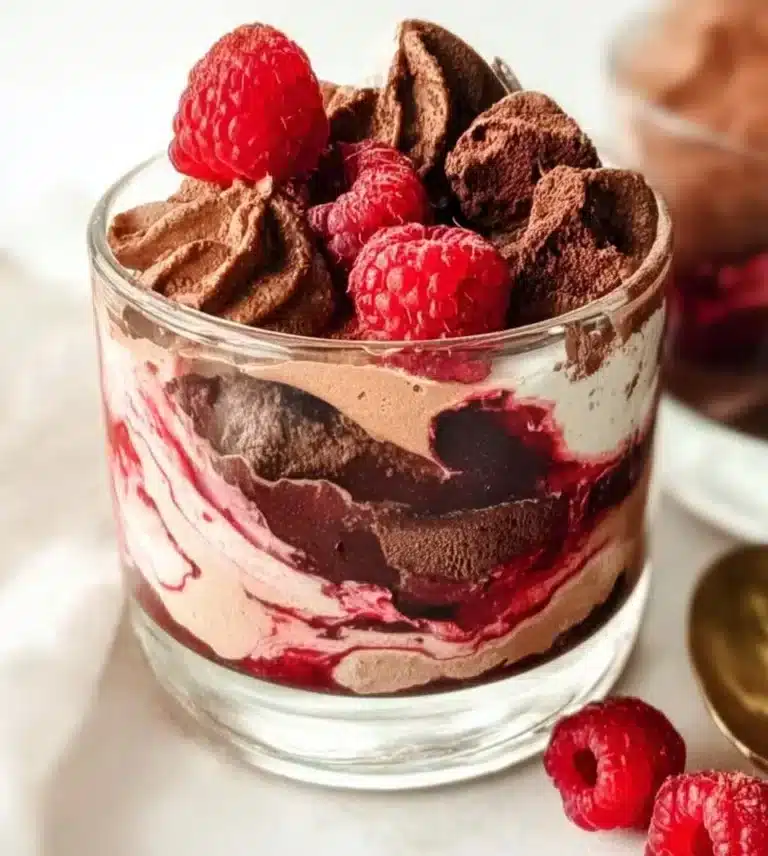 Delicious raspberry fudge parfait in a glass with layers of fudge and raspberries