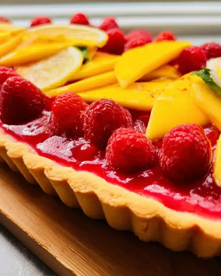 Raspberry Mango Tart with vibrant fruits and flaky crust