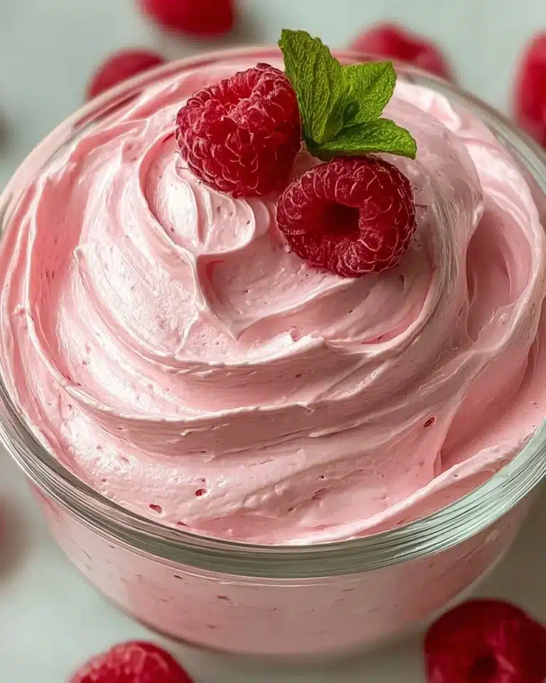 Delicious Raspberry Pink Mousse dessert topped with fresh raspberries