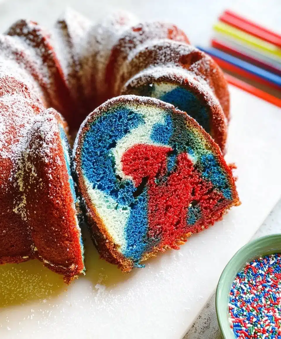 Delicious Red White & Blue Marble Cake with vibrant swirls of patriotic colors