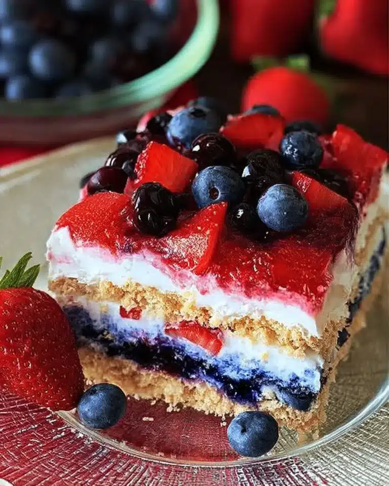 Red, White & Blue Mixed Berry dessert with fresh strawberries, blueberries, and raspberries.