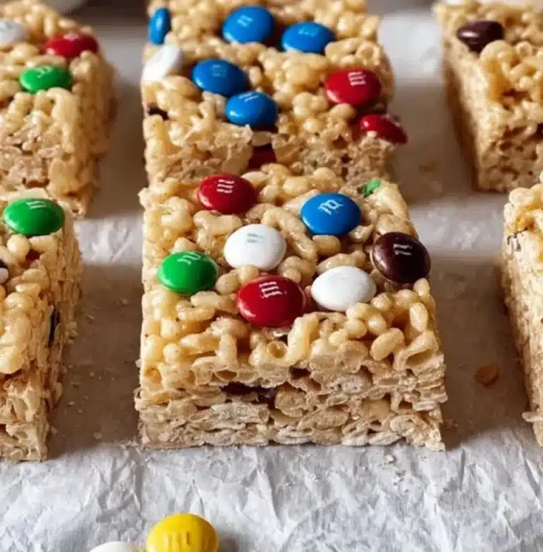 Delicious Rice Krispies treat with colorful M&Ms.