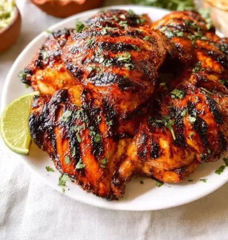 Juicy roast chicken cooked to perfection, garnished with herbs and vegetables.