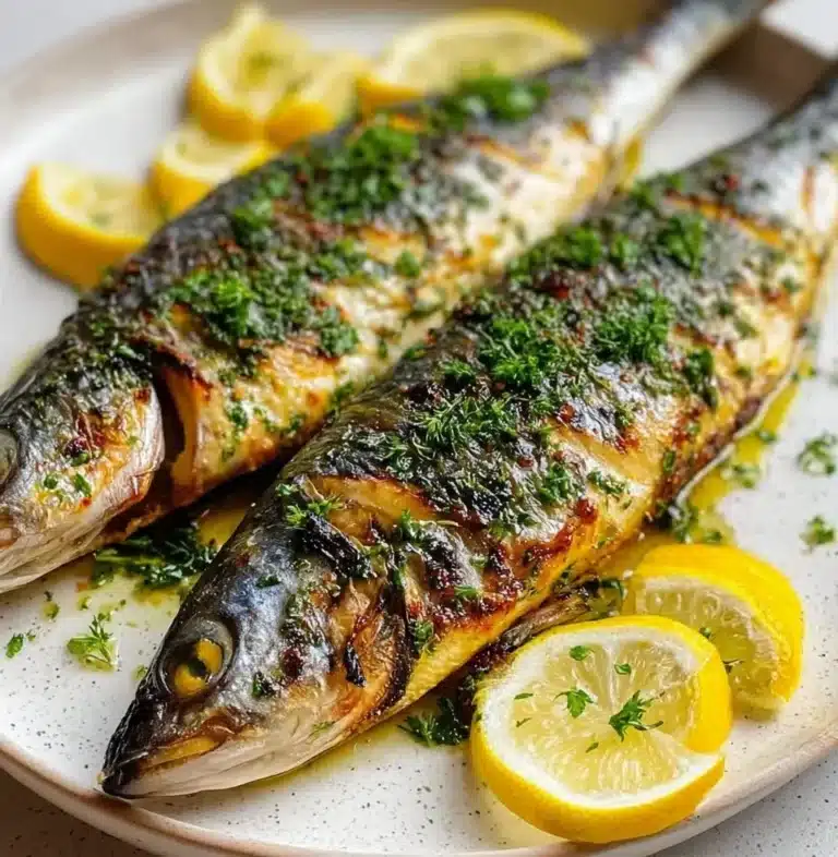 Delicious roasted branzino garnished with lemon and herbs on a plate