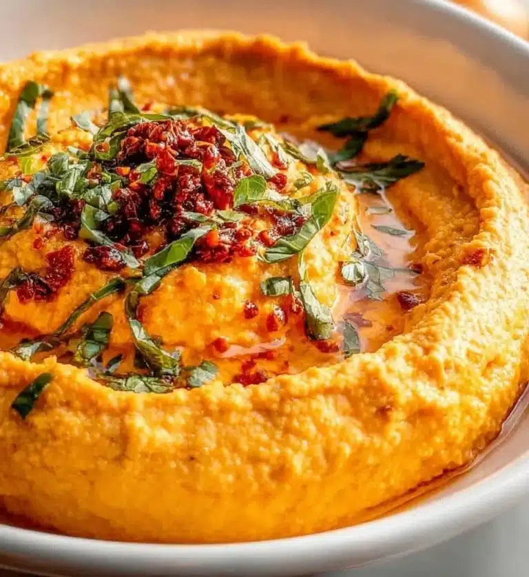 Delicious roasted red pepper hummus served in a bowl with pita chips and veggies.