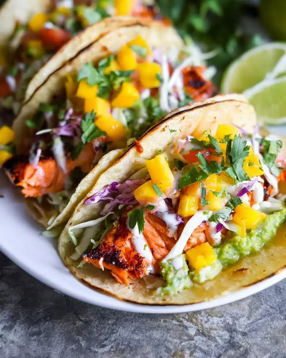 Delicious salmon tacos topped with fresh vegetables and cilantro