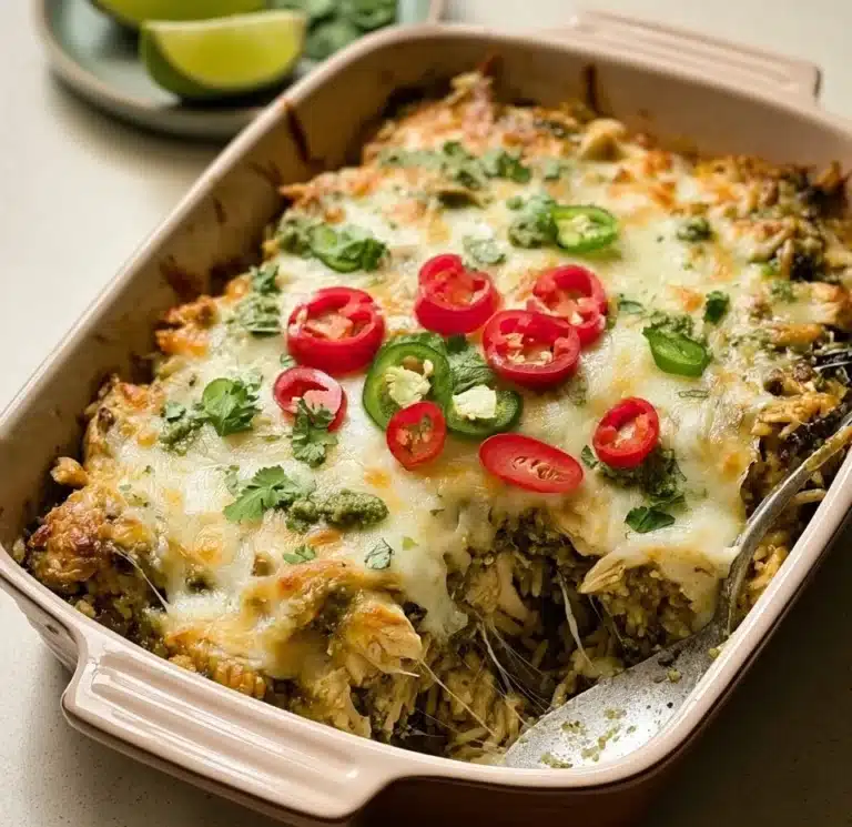 Salsa Verde Chicken Casserole topped with cheese and fresh cilantro in a baking dish