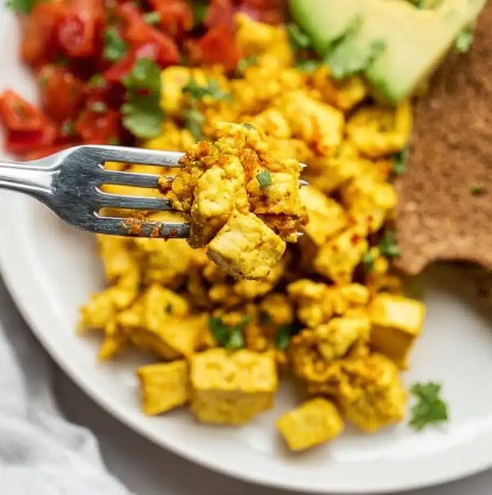 Bowl of scrambled tofu garnished with herbs served with toast.