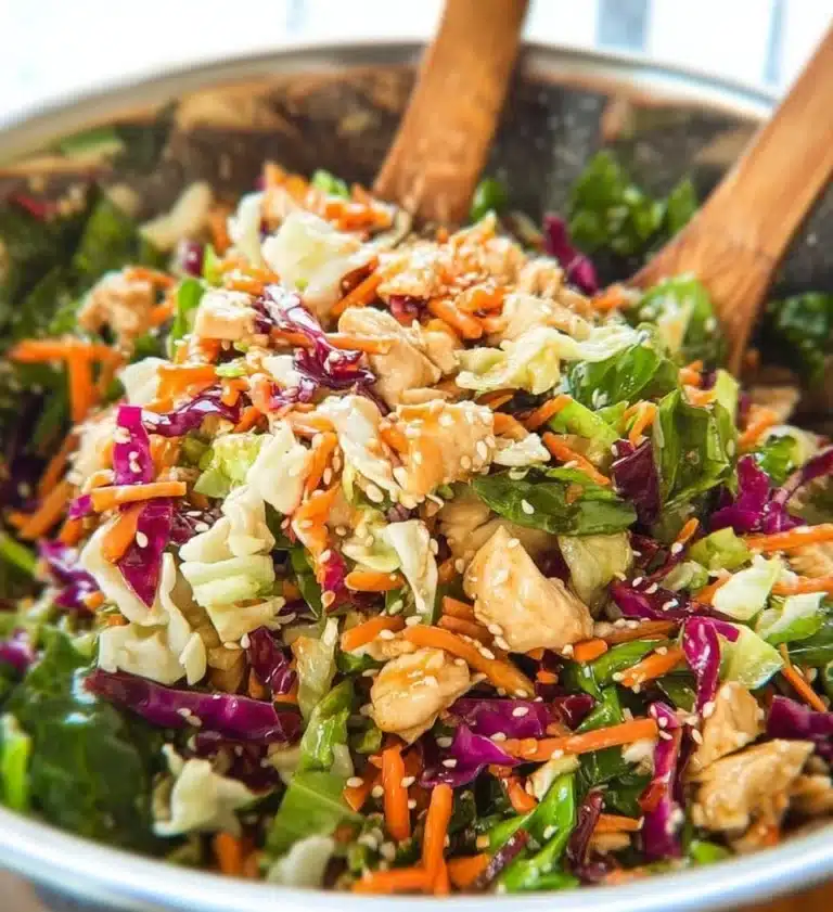 Delicious Sesame Ginger Chicken Salad served with fresh vegetables and dressing.