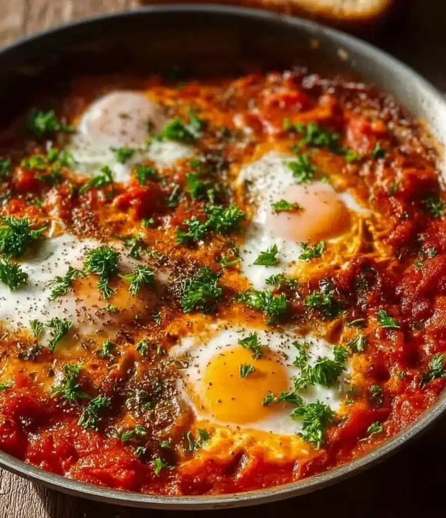 Delicious shakshuka with eggs poached in spiced tomato sauce, served in a skillet.
