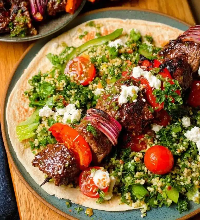 Delicious sheet pan kebabs with colorful vegetables and grilled meat