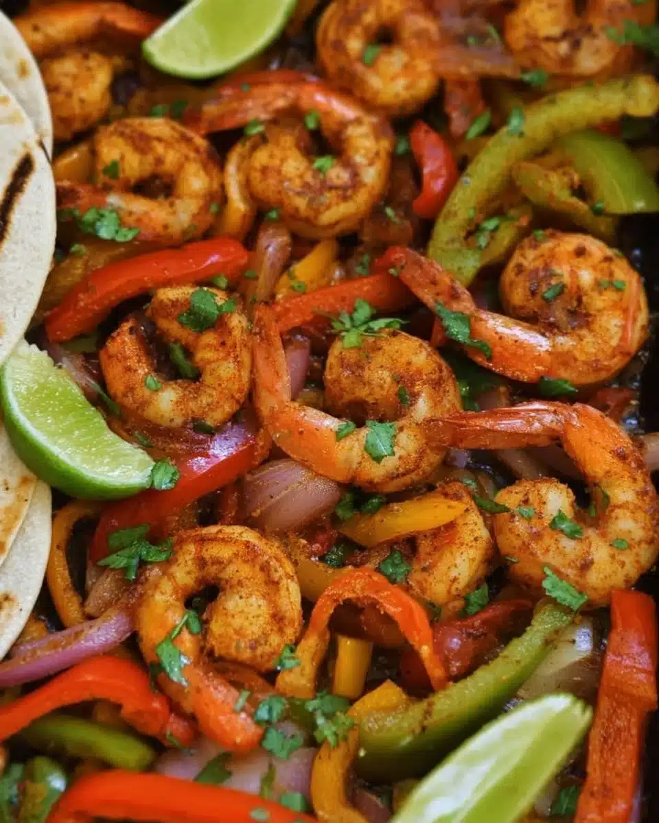 Sheet pan shrimp fajitas with colorful peppers and onions ready to serve.