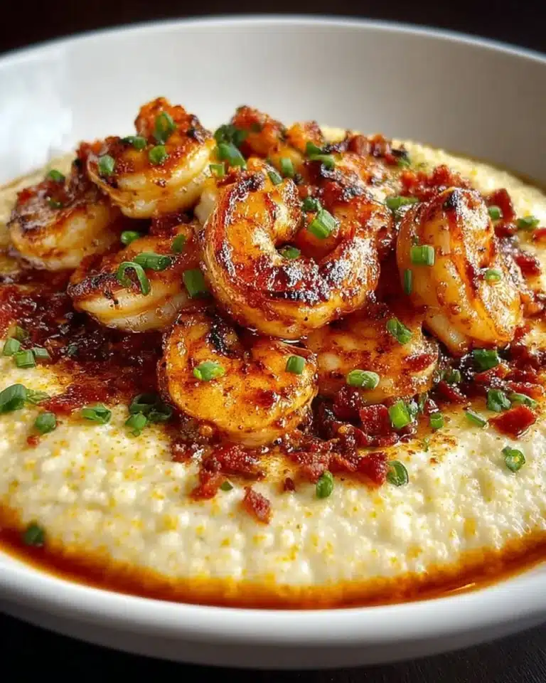 Delicious plate of shrimp and grits garnished with herbs and spices.