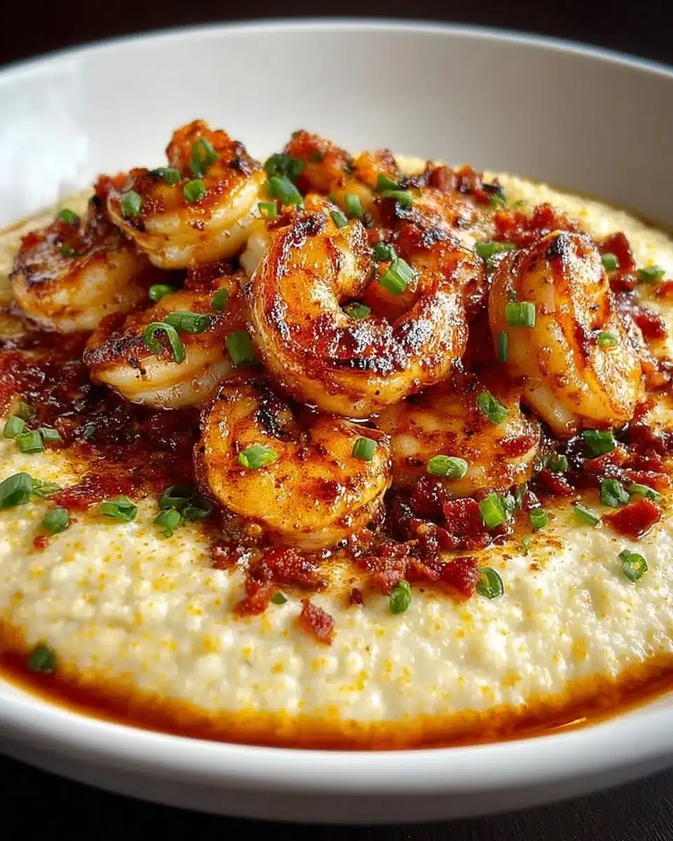Delicious plate of shrimp and grits garnished with herbs and spices.