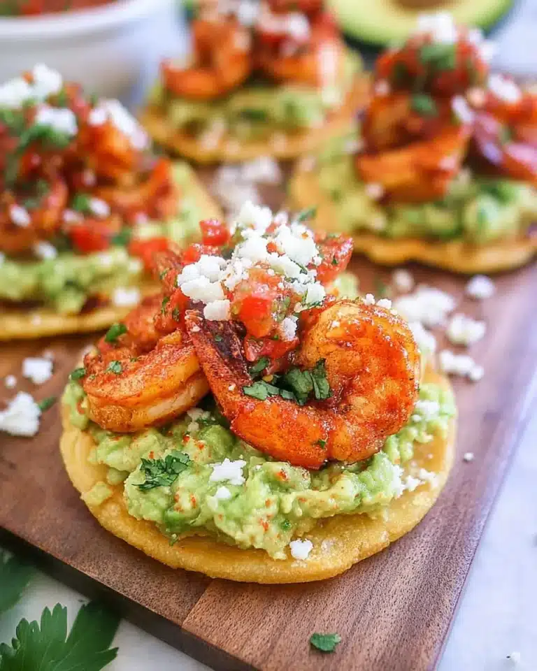 Delicious shrimp and guacamole tostadas served on a wooden plate