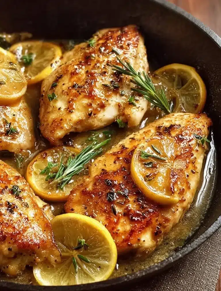 Delicious skillet lemon chicken dish served with herbs and lemon slices.