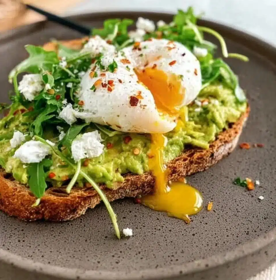 Smashed avocado spread on whole grain toast garnished with cherry tomatoes
