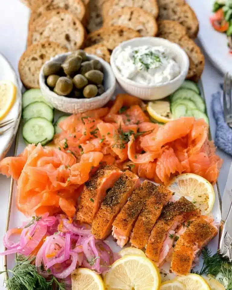 Delicious smoked salmon platter adorned with fresh garnishes and accompaniments