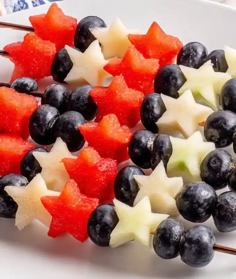 Sparkler Fruit Skewers with colorful fresh fruits on skewers