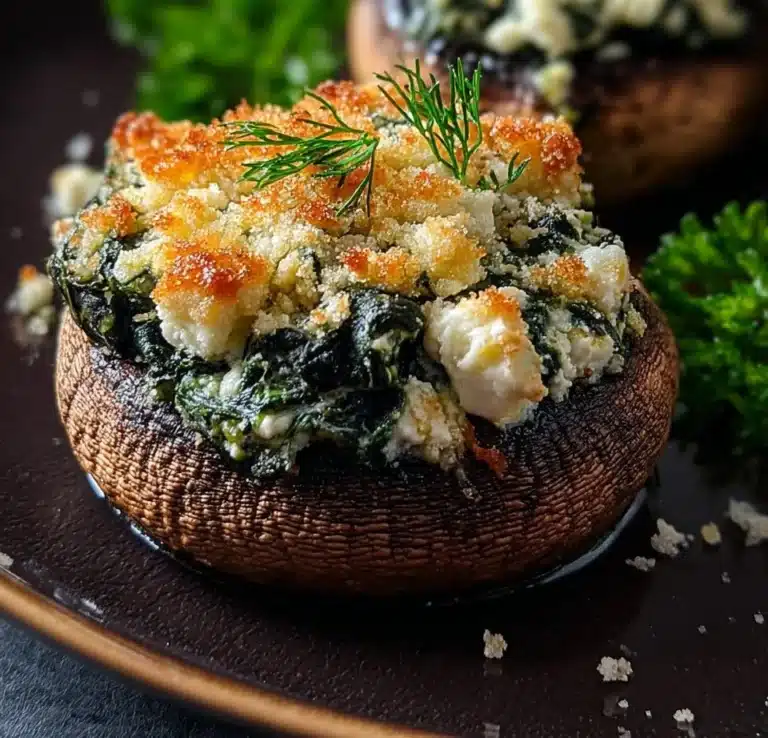Spinach and feta stuffed mushrooms ready to serve as a tasty appetizer.