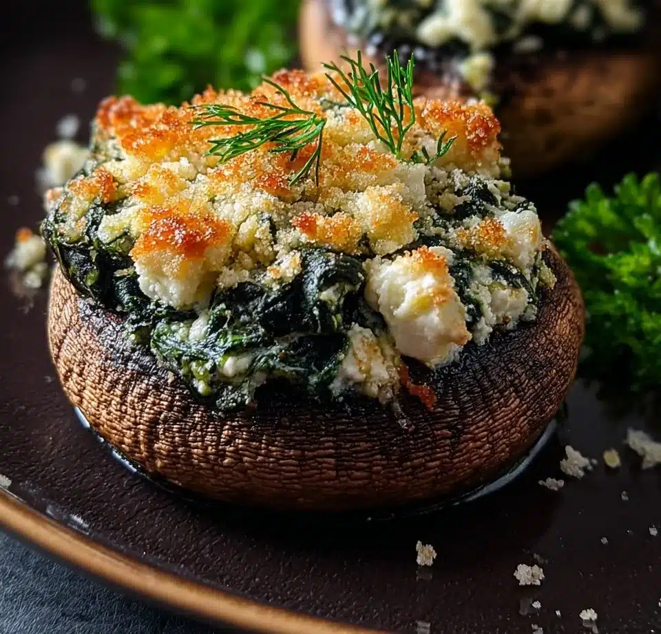 Spinach and feta stuffed mushrooms ready to serve as a tasty appetizer.