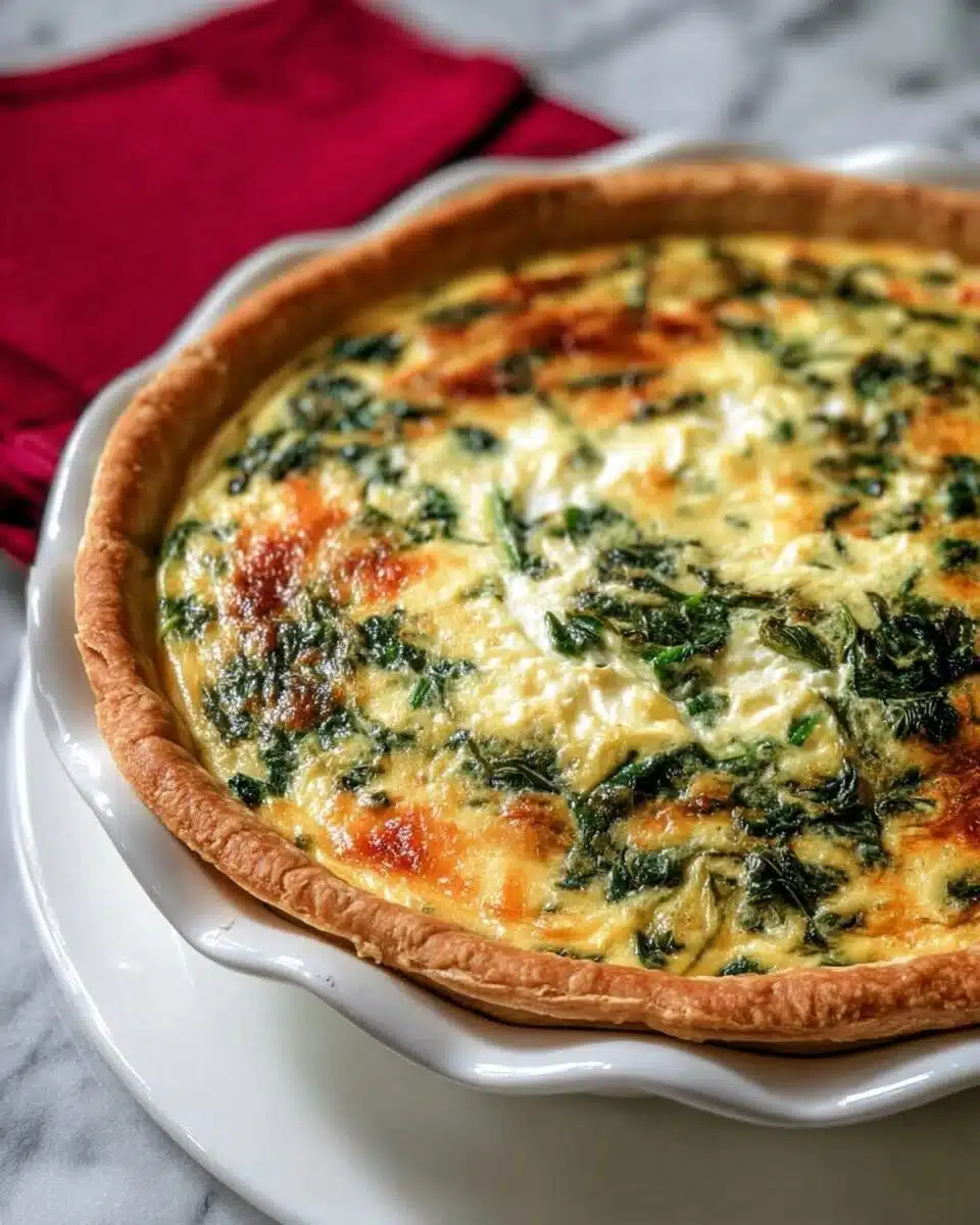 Slice of Spinach Feta Quiche on a plate with fresh spinach and feta cheese