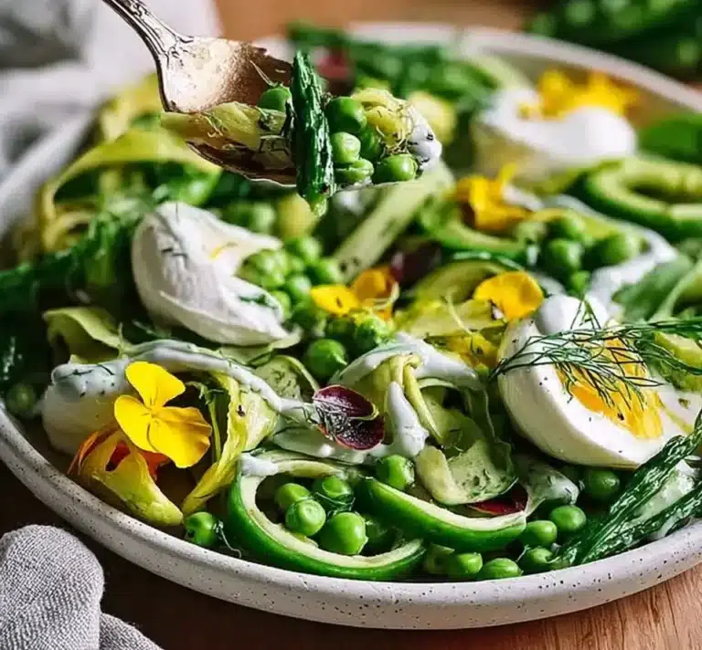 Delicious spring salad with burrata, fresh vegetables, and colorful ingredients.