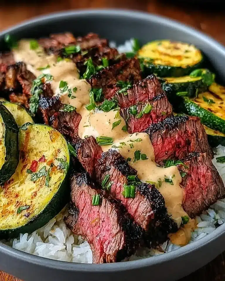 Steak Bowl with Sauce and Grilled Zucchini on a plate