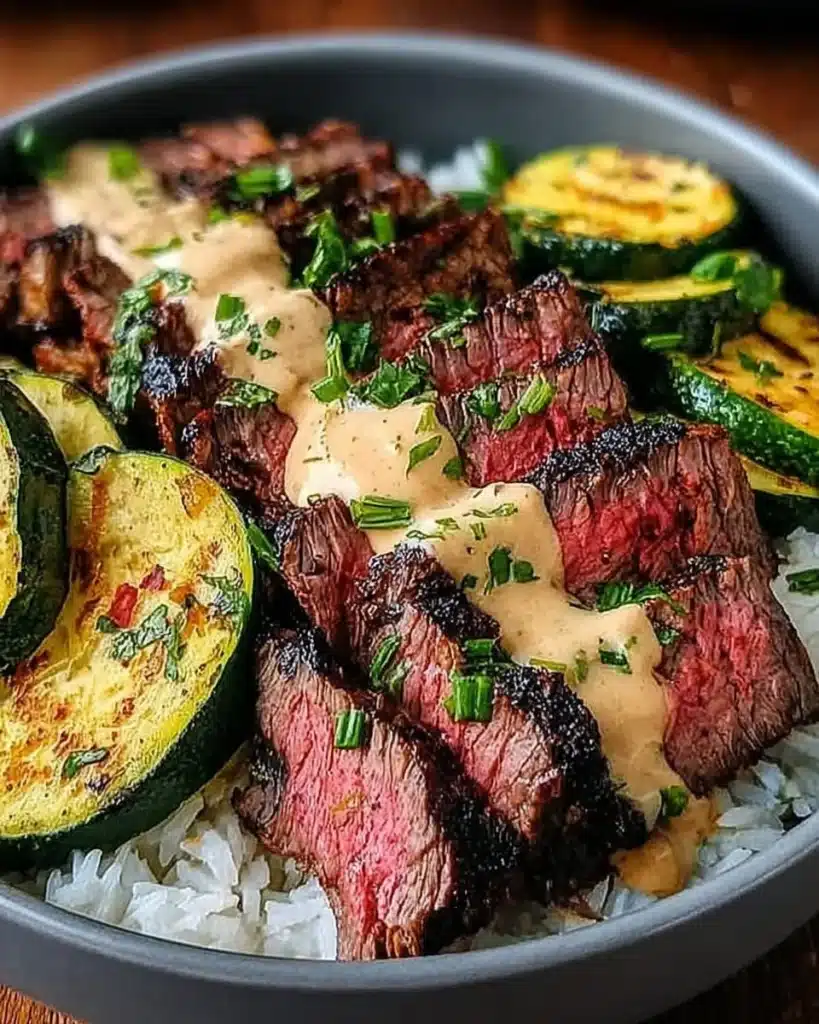 Steak Bowl with Sauce and Grilled Zucchini on a plate