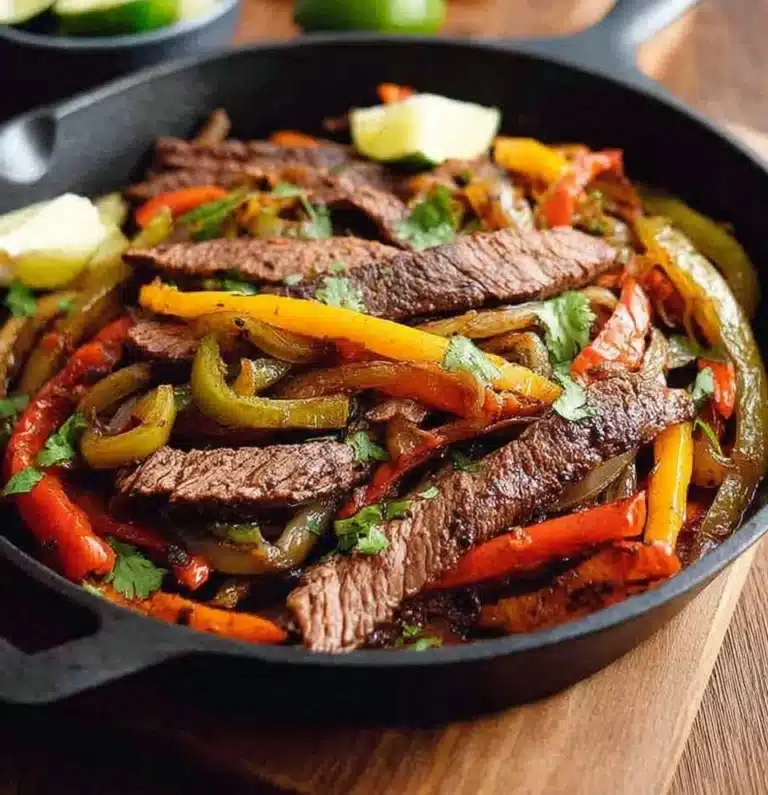 Tasty Steak Fajitas served with colorful vegetables and tortillas