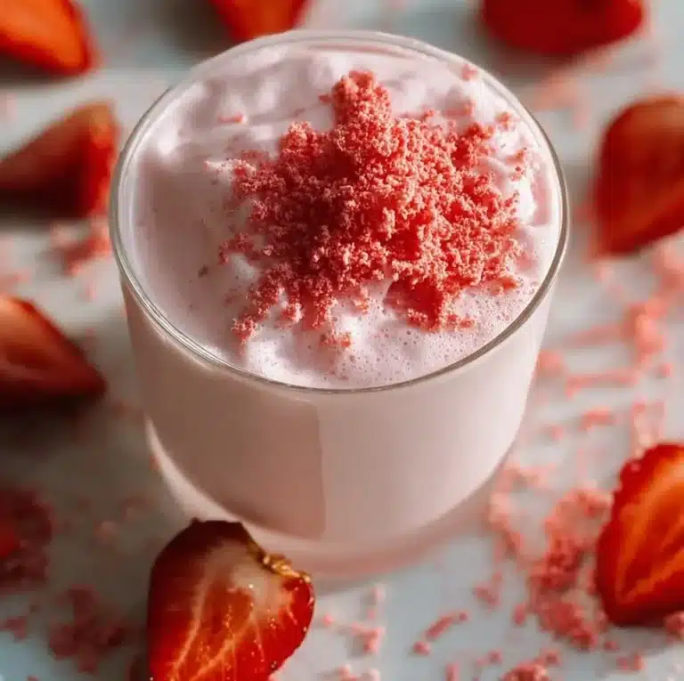 A refreshing glass topped with creamy Strawberry Cold Foam, perfect for summer drinks.