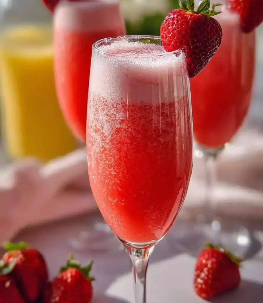 Strawberry cream mimosa in a glass, garnished with fresh strawberries.