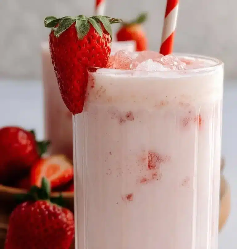 A refreshing glass of strawberry horchata garnished with fresh strawberries.