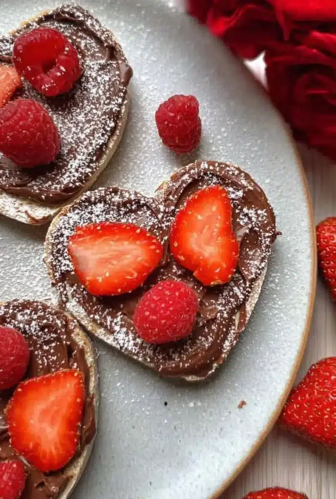 Heart-shaped Strawberry Nutella Toasts with fresh strawberries and chocolate spread