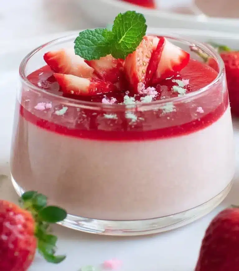 Delicious homemade Strawberry Panna Cotta served in a glass with fresh strawberries.