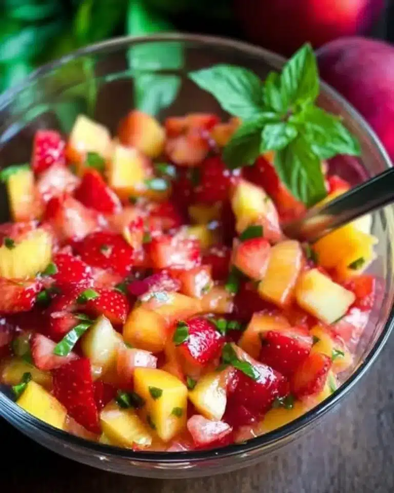 Strawberry Peach Fruit Salad Salsa in a colorful bowl garnished with mint leaves