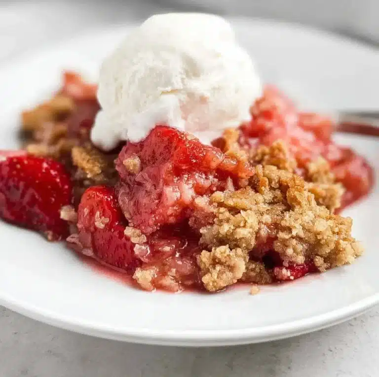 Delicious Strawberry Rhubarb Crisp with a golden brown topping