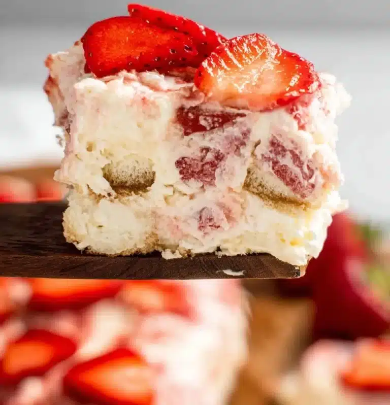 Delicious homemade Strawberry Tiramisu dessert with fresh strawberries and creamy layers